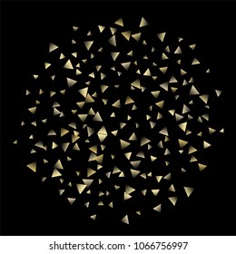 Golden falling confetti triangles on a black background. Abstract background of celebration in the form of a golden triangle.Decorative element. Suitable for your design, cards, invitations, gifts.