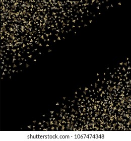 Golden falling confetti triangles on a black background. Abstract background of celebration in the form of a golden triangle.Decorative element. Suitable for your design, cards, invitations, gifts.