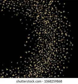 Golden falling confetti triangles on a black background. Abstract background of celebration in the form of a golden triangle.Decorative element. Suitable for your design, cards, invitations, gifts.