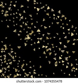 Golden falling confetti triangles on a black background. Abstract background of celebration in the form of a golden triangle.Decorative element. Suitable for your design, cards, invitations, gifts.