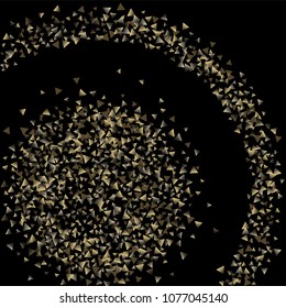 Golden falling confetti triangles on a black background. Abstract background of celebration in the form of a golden triangle.Decorative element. Suitable for your design, cards, invitations, gifts.