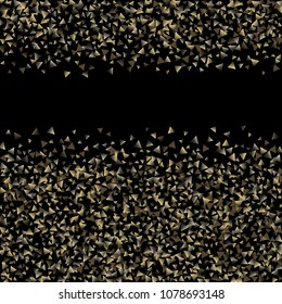 Golden falling confetti triangles on a black background. Abstract background of celebration in the form of a golden triangle.Decorative element. Suitable for your design, cards, invitations, gifts.