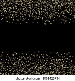 Golden falling confetti triangles on a black background. Abstract background of celebration in the form of a golden triangle.Decorative element. Suitable for your design, cards, invitations, gifts.