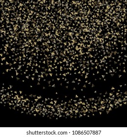 Golden falling confetti triangles on a black background. Abstract background of celebration in the form of a golden triangle.Decorative element. Suitable for your design, cards, invitations, gifts.