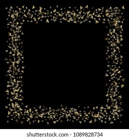 Golden falling confetti triangles on a black background. Abstract background of celebration in the form of a golden triangle.Decorative element. Suitable for your design, cards, invitations, gifts.