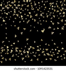 Golden falling confetti triangles on a black background. Abstract background of celebration in the form of a golden triangle.Decorative element. Suitable for your design, cards, invitations, gifts.
