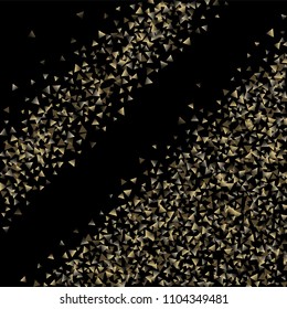 Golden falling confetti triangles on a black background. Abstract background of celebration in the form of a golden triangle.Decorative element. Suitable for your design, cards, invitations, gifts.