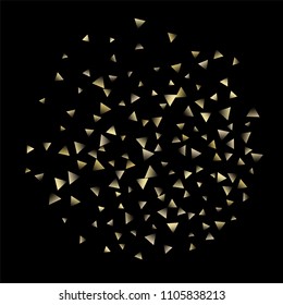 Golden falling confetti triangles on a black background. Abstract background of celebration in the form of a golden triangle.Decorative element. Suitable for your design, cards, invitations, gifts.
