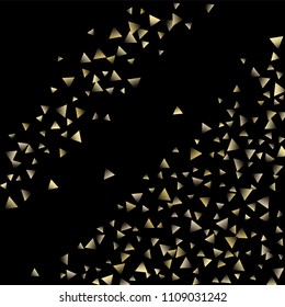 Golden falling confetti triangles on a black background. Abstract background of celebration in the form of a golden triangle.Decorative element. Suitable for your design, cards, invitations, gifts.