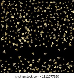 Golden falling confetti triangles on a black background. Abstract background of celebration in the form of a golden triangle.Decorative element. Suitable for your design, cards, invitations, gifts.