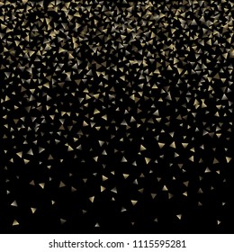 Golden falling confetti triangles on a black background. Abstract background of celebration in the form of a golden triangle.Decorative element. Suitable for your design, cards, invitations, gifts.