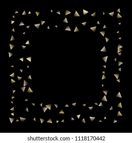 Golden falling confetti triangles on a black background. Abstract background of celebration in the form of a golden triangle.Decorative element. Suitable for your design, cards, invitations, gifts.