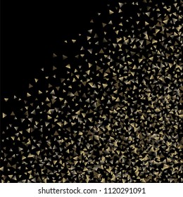 Golden falling confetti triangles on a black background. Abstract background of celebration in the form of a golden triangle.Decorative element. Suitable for your design, cards, invitations, gifts.