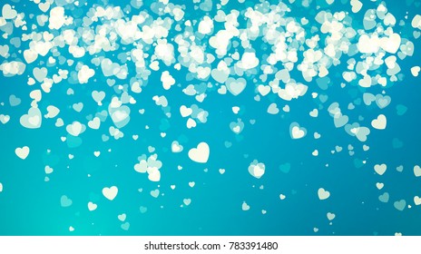 Golden Falling Hearts in Blue Sky. Valentine's Day abstract background with hearts. Vector illustration