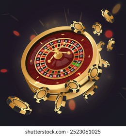 Fichas de póquer de oro que caen, fichas con la rueda de la ruleta del casino del oro en fondo negro. Ilustración vectorial para casino, diseño de juegos, publicidad