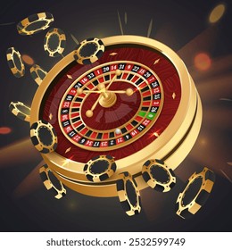 Golden falling poker chips, tokens with gold casino roulette wheel on black background. Vector illustration for casino, game design, advertising