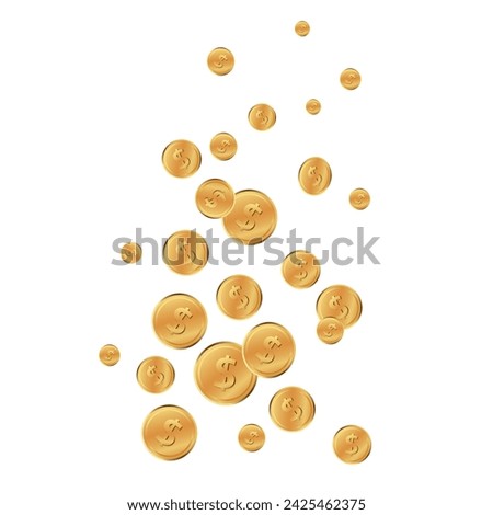 Golden falling shiny dollar coins or flying pennies like win or jackpot isolated on white background