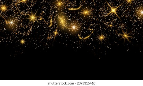 Golden fallender funkelnder Staub mit hellen Lichtblitz. Der Regen ist brillant gelb. Vektorgrafik. auf isoliertem Hintergrund.