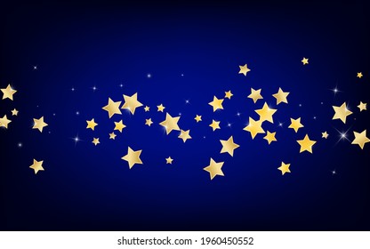 Golden Falling Stars Vector Blue Background. Christmas Glow Banner. Glitter Design. Gold Party Rain Illustration.