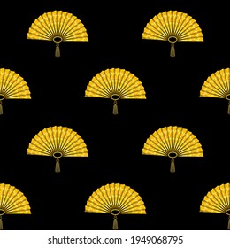 Golden Fan nahtloses Muster. Gold auf Schwarz. Vektordesign. Papier, Textilien usw.