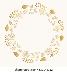 Golden fancy round frame. Freehand holiday wreath with flowers and leaves. Gold vector illustration. Isolated