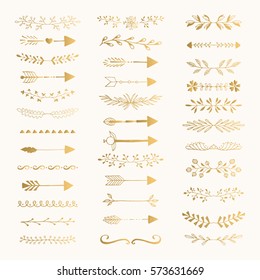 Golden fancy text dividers. Line borders and laurel design elements. Vector. Isolated