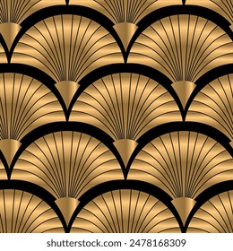 Golden fans on black background. Vector seamless pattern. Art deco style. Vintage background. Luxury print