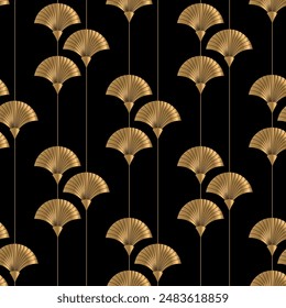 Golden fans on black background. Vector seamless pattern. Art deco style. Vintage background. Luxury print