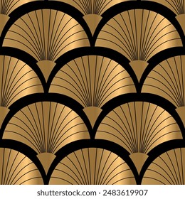 Abanicos dorados sobre fondo negro. Vector sin patrón. Estilo Art Deco. Fondo de Antiguas. Estampado de lujo