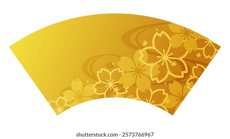 Golden fan-shaped background illustration with Japanese cherry blossom pattern