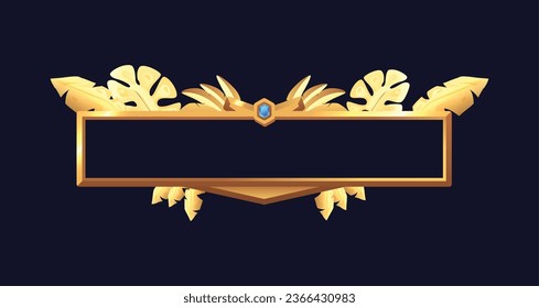 Golden fantasy frame, vector illustration for game and ui design, isolated on black background. Simple flat element in cartoon style for interface menu. Medieval metal badge, oblong empty banner.