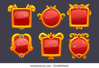 Golden fantasy medieval frame with gem stones and red background for game ui design. Cartoon vector set of gold metal circle and square ancient avatar border with flourish deco ornament and diamonds