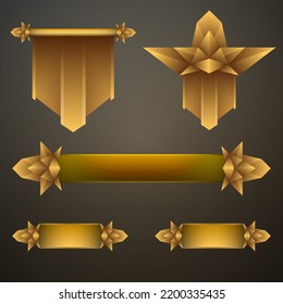 Golden fantasy medieval style game ui interface title banner badge and gold pennant flag set for game development