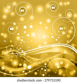 Golden fantasy vector background with stylized curls and bokeh. 