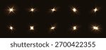 Golden fash light vector set on black background. Sparkle shining magic holiday starlight. Festive glow yellow flashing lights collection.