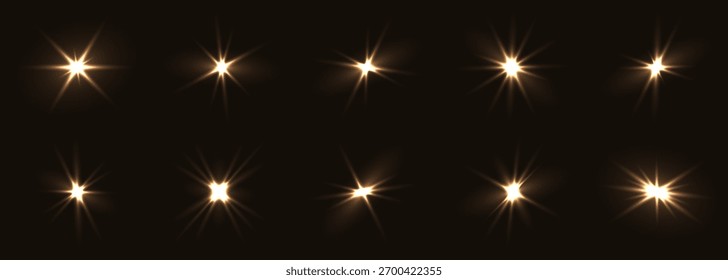 Vector de luz de flash dorado sobre fondo negro. Brilla la luz de las estrellas de vacaciones mágicas brillantes. Colección de luces intermitentes amarillas de resplandor festivo.
