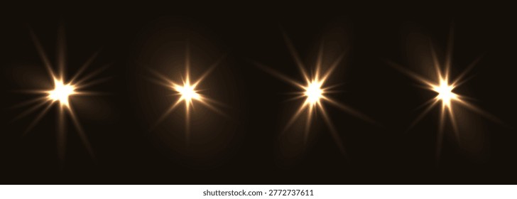 Golden fash light vector set on black background. Sparkle shining magic holiday starlight. Festive glow yellow flashing lights collection.