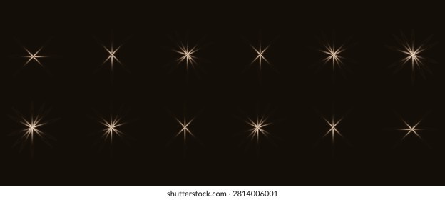 Golden fash light vector set on black background. Sparkle shining magic holiday starlight. Festive glow yellow flashing lights collection.