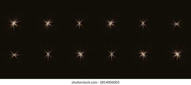 Golden fash light vector set on black background. Sparkle shining magic holiday starlight. Festive glow yellow flashing lights collection.