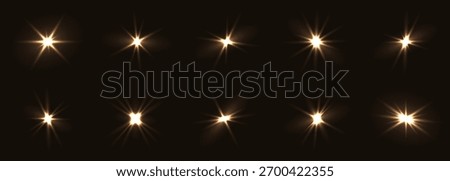 Golden fash light vector set on black background. Sparkle shining magic holiday starlight. Festive glow yellow flashing lights collection.
