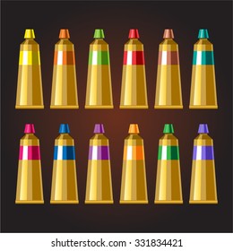 Golden fashion tubes. Box of paints. 