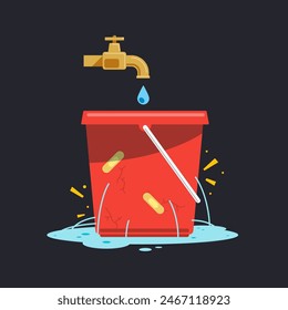 A golden faucet and a broken red bucket. Isolated Vector Illustration