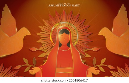 Golden Feast of the Assumption of Mary Greeting Banner in metallic artistic design, two holy spirit doves on sides, with halo in monstrance ray design. August 15. Vector. 