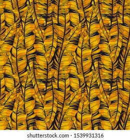 Golden feather abstract pattern. Vector seamless illustration template on black background