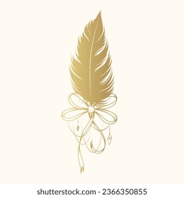 Golden feather decorated with a ribbon bow.  Hand drawn vector illustration isolated on white background.