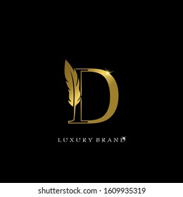 Golden Feather Letter D  Luxury  Brand  Logo icon, vector design concept feather with outline letter for initial, luxury business, firm, law service, boutique, decoration and more brand identity.