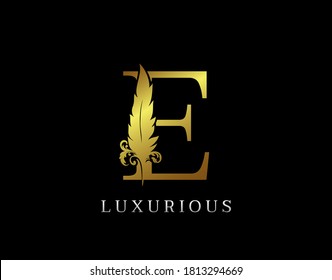 Golden Feather Letter E Luxury Brand Logo icon, vector design concept feather with letter for initial luxury business, firm, law service, boutique and more brand identity.