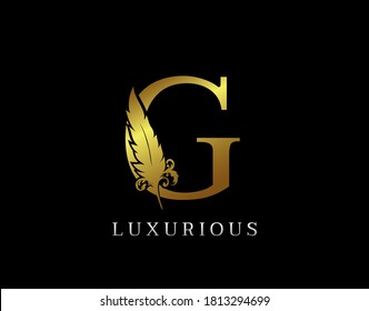 Golden Feather Letter G Luxury Brand Logo icon, vector design concept feather with letter for initial luxury business, firm, law service, boutique and more brand identity.