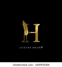 Golden Feather Letter H Luxury  Brand  Logo icon, vector design concept feather with outline letter for initial, luxury business, firm, law service, boutique, decoration and more brand identity.