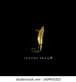 Golden Feather Letter J Luxury  Brand  Logo icon, vector design concept feather with outline letter for initial, luxury business, firm, law service, boutique, decoration and more brand identity.